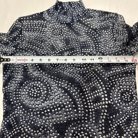 ST. John Women Small Blue Mock Neck Sheer Mesh Abstract Artsy Long Sleeve Blouse - Picture 6 of 6